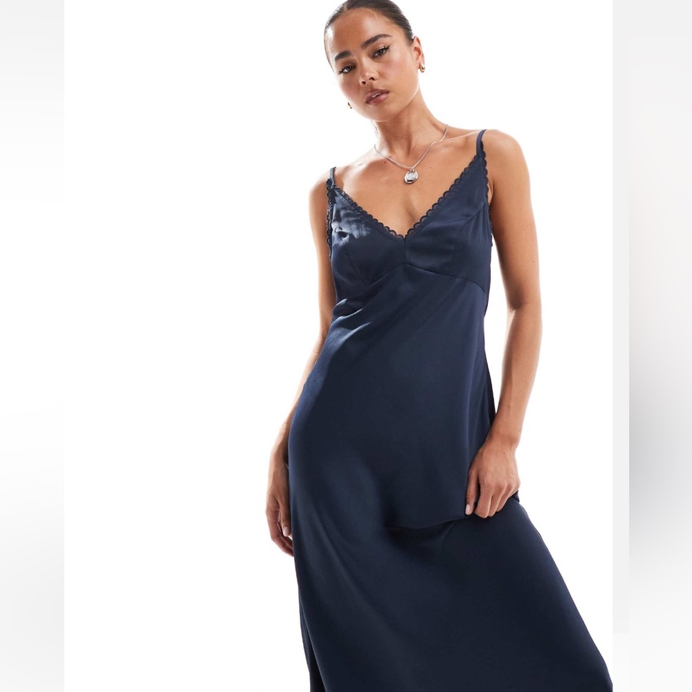 ASOS Design Lace Trim Navy Midi